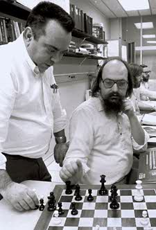 Joe Condon and Ken Thompson with computer and chess board
